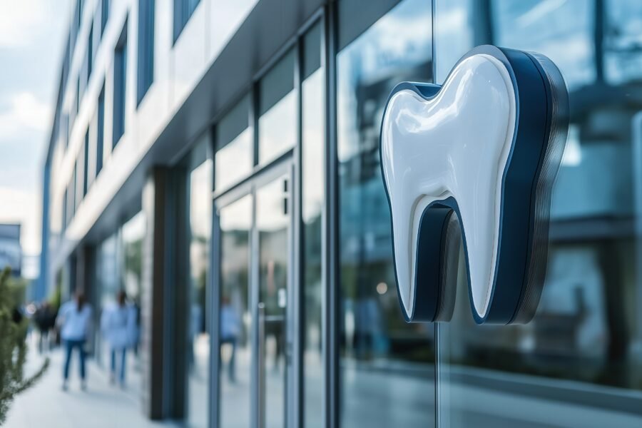 A dental clinic logo on the front of a clean, modern building representing brand or corporation.