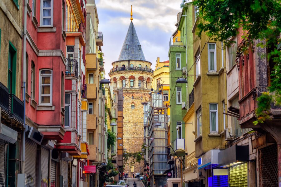 A view of the famous Galata Tower and the street in the Istanbul, Turkey