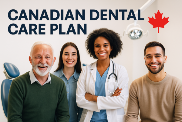Smiling diverse dental team with patients, showcasing Canadian Dental Care Plan, dental office setting.