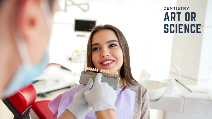Dentist showing a patient different tooth shades for veneers or crowns, illustrating dentistry as art vs. science in dental treatment planning.