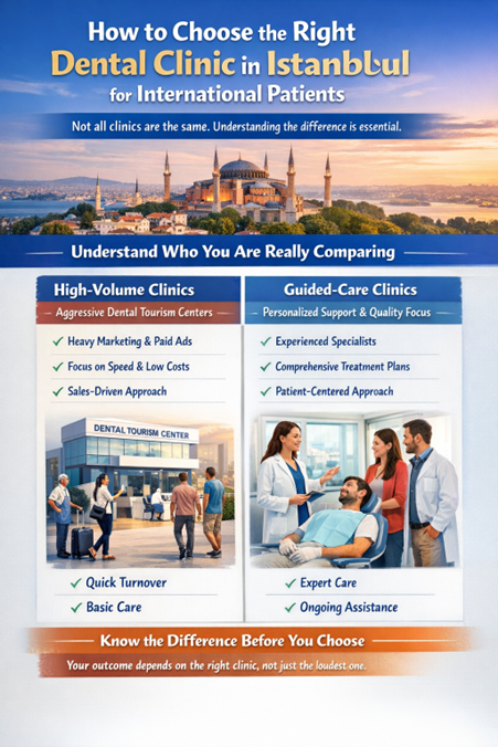 Infographic comparing high-volume dental clinics and guided-care clinics in Istanbul, highlighting key differences for international patients, featuring images of patients and dental professionals, and emphasizing the importance of personalized support and quality care.