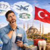 Man contemplating dental tourism in Turkey, holding a passport and dental treatment imagery, with Turkish flag and Istanbul skyline in background.