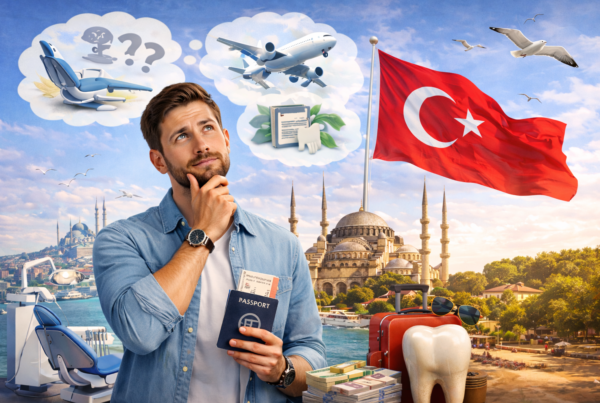 Man contemplating dental tourism in Turkey, holding a passport and dental treatment imagery, with Turkish flag and Istanbul skyline in background.