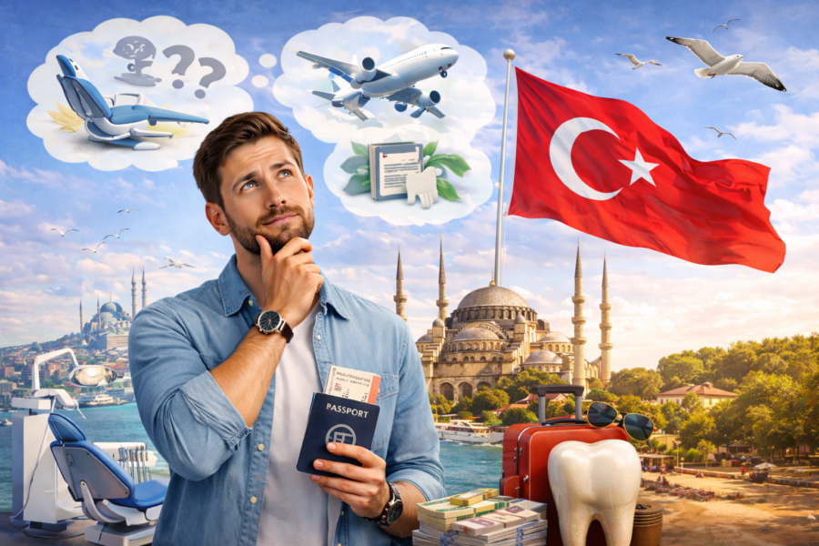 An image of a western patient holding a passport and contemplating dental tourism with a Turkish flag in the background.