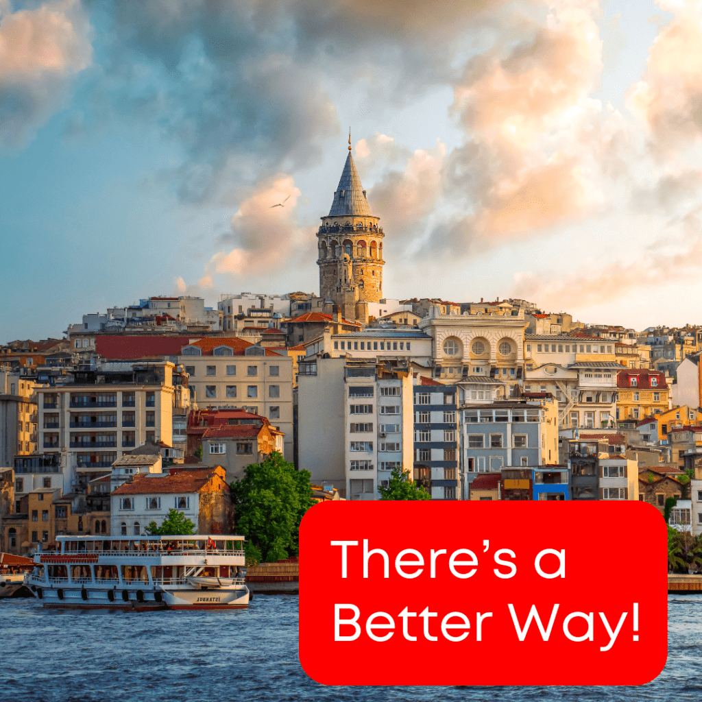Istanbul skyline with message: there's a better way — dental tourism option