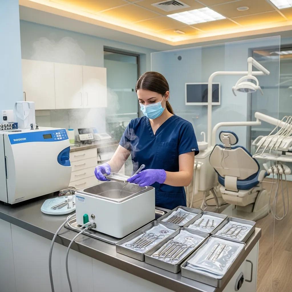 Dental assistant following safety protocols in a clinic