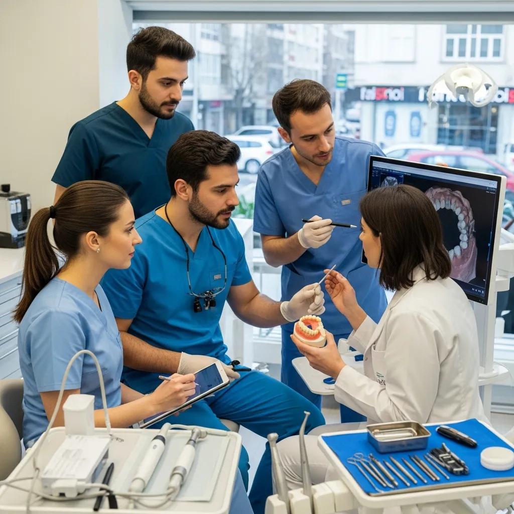 Dental professionals collaborating in a modern Turkish clinic, emphasizing quality care